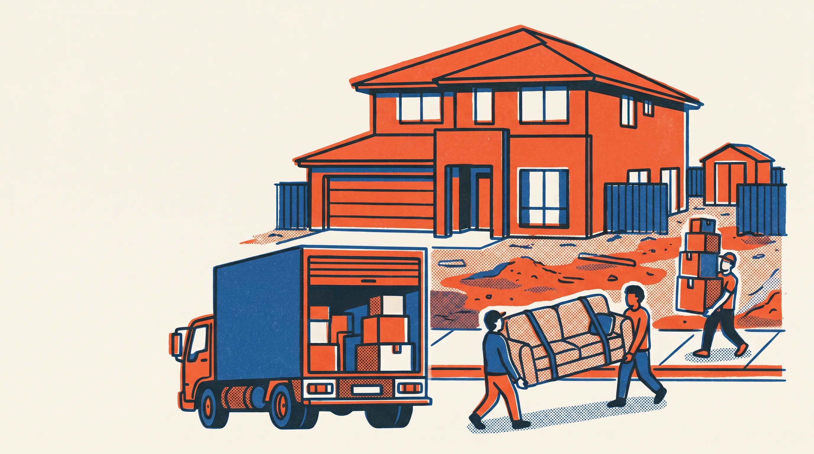 A risograph two-tone print of a big removal truck loading a new four-bedroom South West Sydney home with a double garage