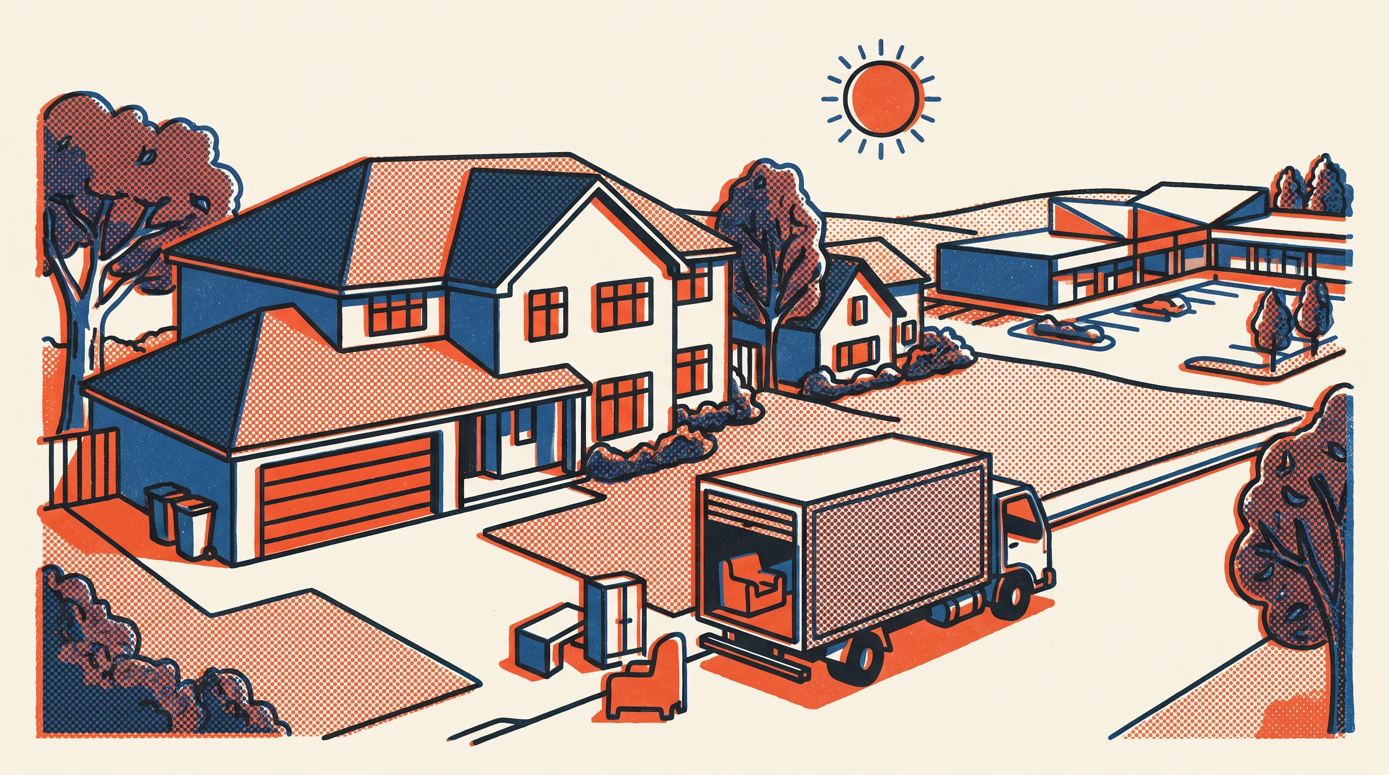 Risograph two-tone print of a removal truck on a street in Carnes Hill
