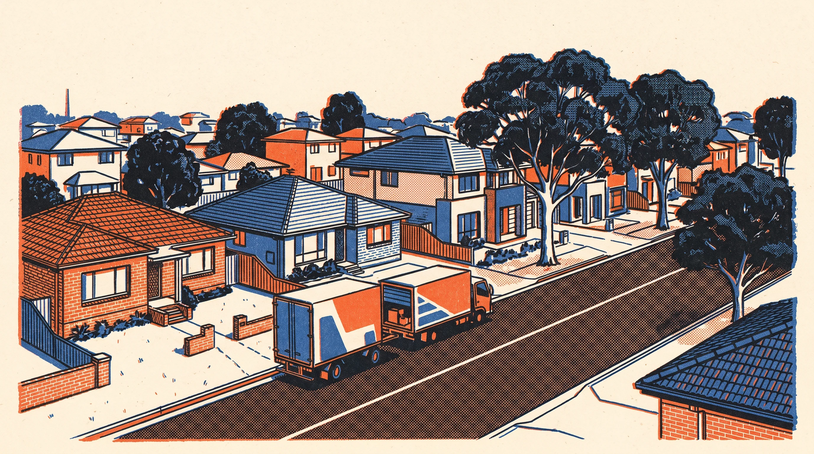 Risograph two-tone print of a removal truck on a street in Hoxton Park
