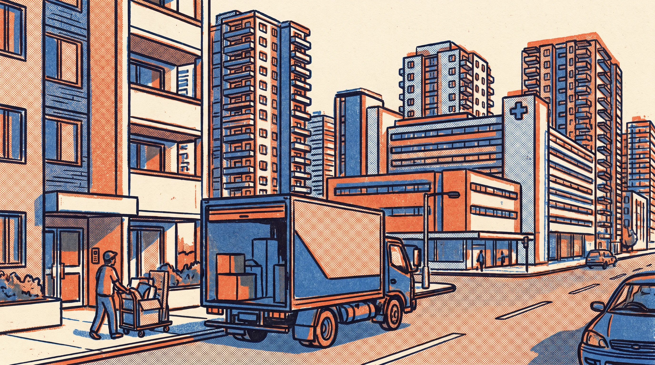 Risograph two-tone print of a removal truck on a street in Liverpool