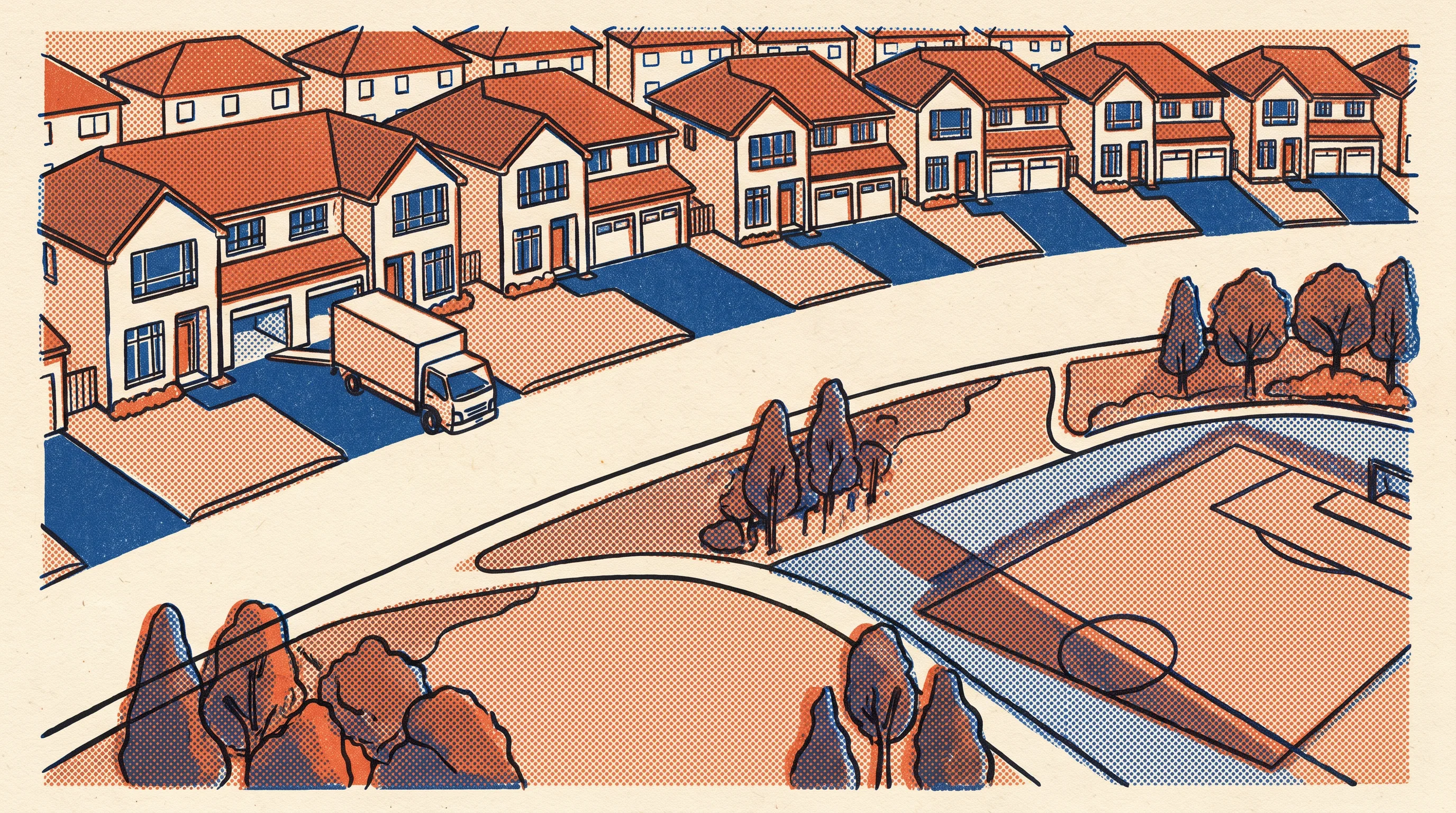 Risograph two-tone print of a removal truck on a street in Middleton Grange