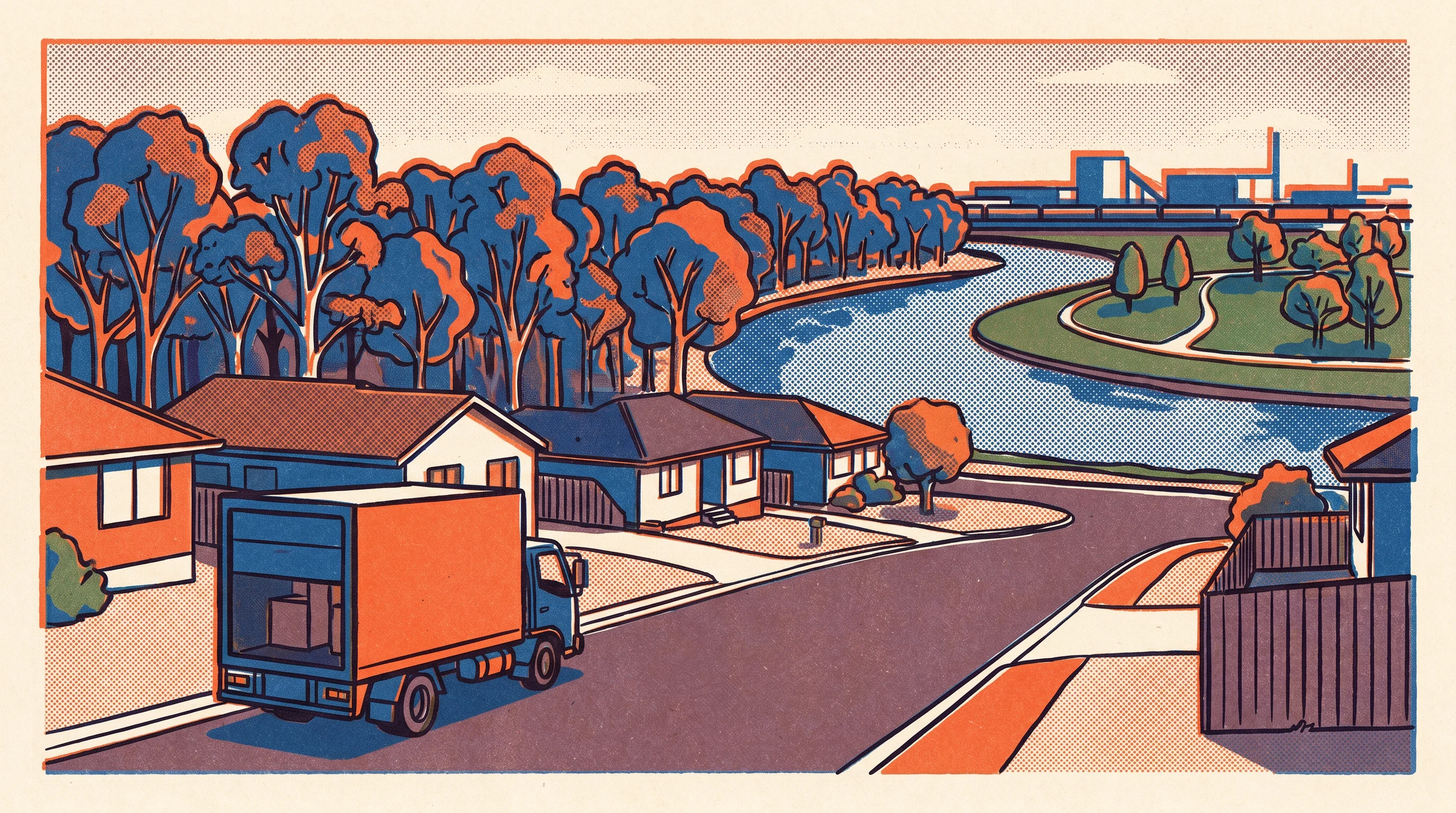 Risograph two-tone print of a removal truck on a street in Moorebank